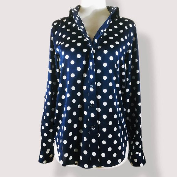 Ann Taylor Polka Dot Blouse, Royal Blue, Petite XS - Picture 1 of 6